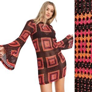 ASOS Crochet Flare Sleeve Sheer Open Weave Vintage Look Mini Dress NWT NEW 14 XL